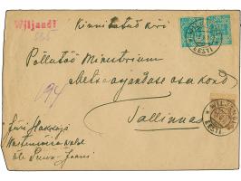 1918, Flower 15 kopek, horizontal pair and 35 penni brown, tied by cds. “WILJANDI -3 6 19” to large registered cover with pro