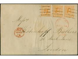 7 Sch. orange, drei Einzelwerte mit jeweils sauber aufgesetztem Strichstempel und nebengesetztem roten “HAMBURG P.D. NOV.14 1