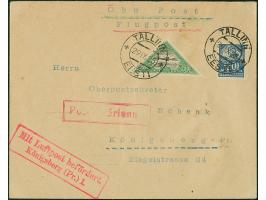 Airmail 20 marka, imperfortated, with additional franking tied by cds. "TALLIN 29 IX 25" to Königsberg, scarce last flight, f