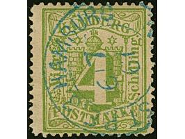 4 Sch. gelbgrün, farbfrisch und gut gezähnt, mit großem Teil des Wasserzeichens 'Turm', sauber entwertet durch blauen Stadtpo