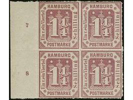 1866, 11⁄4 Sch. grauviolett im 4er-Block vom linken Bogenrand mit Reihenzählern “7” und “8”, ungebraucht mit Originalgummi&nb
