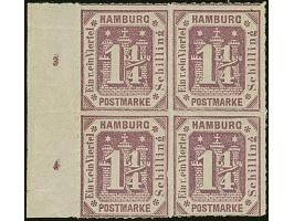 1866, 11⁄4 Sch. grauviolett im 4er-Block vom linken Bogenrand, Reihenzähler “3” und “4”, ungebraucht mit Originalgummi&nbsp;
