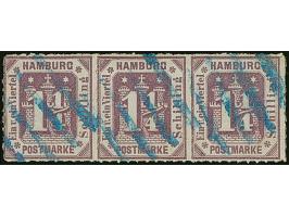 1¼ Sch. graupurpur im waagerechten 3er-Streifen, farbfrisch und gut durchstochen, sauber entwertet durch blauen Strichstempel