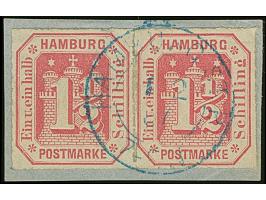 1½ &nbsp;Sch. rosakarmin im waagerechten Paar, mit sauber aufgesetztem blauen DKr. aufBriefstück. Rechts oben kleine Druckste