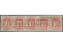 1½ Sch. rosakarmin im waagerechten 5er-Streifen, farbfrisch und einwandfrei durchstochen, mit äußerst seltener Entwertung dur