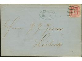 11⁄2 Sch. rosakarmin, farbfrisch und gut durchstochen, mit schwarzem Strichstempel und nebengesetztem Ovalstempel “HAMBURG 18