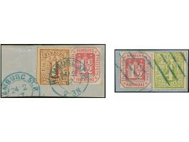 1½ Sch. rosakarmin, zwei Einzelwerte, je in Farbfrankatur mit gezähnter Ausgabe 1 Sch.braun bzw. 4 Sch. grün, auf zwei Briefs