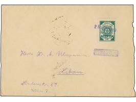 “25. ФЕВ 1919” on Ear of corn 15 kap green on cover to Libau with adjacent negativ-cancel “AIZPUTE”, roughly opened at right,