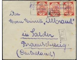 “15. ЯНВ. 1919”, violet straight-line on three single values, Ear of corn 5 kap red on cover to Salden, with censor marks tyi