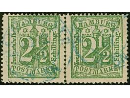 2½ &nbsp;Sch. dunkelolivgrün im waagerechten Paar, sauber entwertet durch blauen DKr. des Stadtpostamtes
