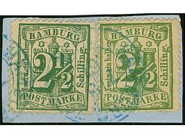 2½ Sch. dunkelolivgrün, 2 Einzelwerte in stark unterschiedliche Nuancen, mit &nbsp;blauem DKr. des Stadtpostamtes auf Briefst