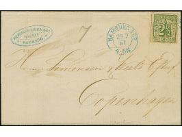 2½ &nbsp;Sch. dunkelolivgrün mit auf- und nebengesetztem blauem DKr. “HAMBURG ST.P. 20/7 67” auf Briefhülle nach Kopenhagen.&