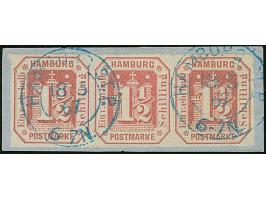 1½ &nbsp;Sch. rosakarmin im waagerechten 3er-Streifen, farbfrisch und einwandfrei durchstochen, mit klarem blauen DKr. “HAMBU