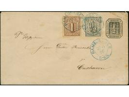 Umschlag ½ Sch. mit Zufrankatur ½ Sch. schwarz und 1 Sch. braun, mit blauem DKr. "HAMBURG ST. P. 22/6 66"nach Cuxhaven, mit A