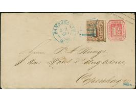 Umschlag 1½ Sch. mit Zufrankatur 1 Sch. braun, mit blauem Strichstempel und nebengesetztem DKr. "HAMBURG ST. P. 5/11 67" nach