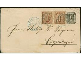 Umschlag ½ Sch. mit Zufrankatur von 2 Einzelwerten 1 Sch. braun, mit blauem DKr. "HAMBURG ST. P. 25/12 67" nach Kopenhagen, m