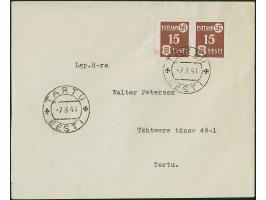 1941, Landespost 15 Kopeken auf gestrichenem Papier, ungezähntes, waagerechtes Paar, sauber mit Ersttagsstempel “TARTU -7 8 4
