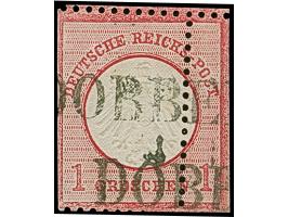 1 Gr. karmin mit stark nach rechts verschobener senkrechter Zähnung durch das Markenbild, allseits Scherentrennung mit klarem