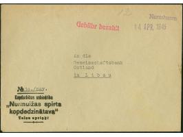 KURLANDKESSEL: “Nurmhusen” und “14.APR.1945”, je als violetter L1 mit nebengesetztem handschriftlicher “12” sowie rotem L1 “G