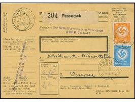 1934, Dienstmarken 20 und 50 Pfennig mit litauischem Stempel “PANEVEZYS 27 VI 44” auf Paketkarte mit Absenderstempel “Der Geb