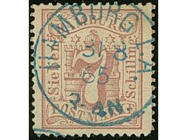 7 Sch. graulila, farbfrisch und gut gezähnt, mit zentrisch und klar aufgesetztem blauen EKr. "HAMBURG I.A. 3/8 65". Dieser St
