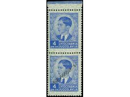 1941, König Peter II. 4 Dinar blau, senkrechtes Oberrand-Paar, die obere Marke ohne Aufdruck “SERBIEN”, sauber ungebraucht mi