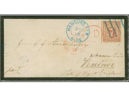 7 Sch. graulila, farbfrisch und gut gezähnt, mit blauem Strichstempel, übergehendem roten "P.D." und nebengesetztem blauen DK