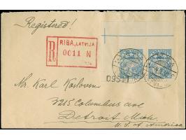 1927, Coat of arms 30 santimi blue, horizontal pair from the upper left sheet margin, imperforated at top, tied by cds. “RIGA