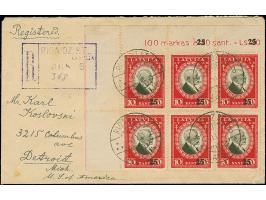 1931, Tuberculosis care 25 santimi, block of six from the upper left sheet corner, tied by cds. “RIGA 4 11 31” to registered 