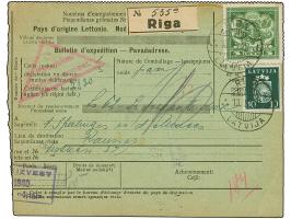 1933, Coat of arms 5 lats green, with additional franking, tied by cds. “RIGA 10.8.40” to parcel card to Kaunas, there franke