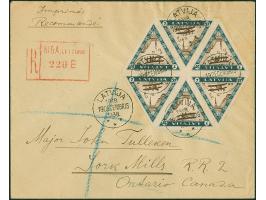1935, Relief fund 7 santimi, imperforated block of six with additional franking, tied by cds. “LATVIJA 1918. 19 DECEMBRIS 193