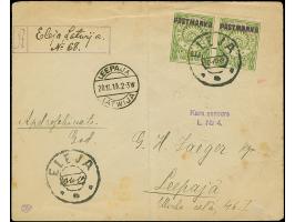 1919, Stempelmarka with violet overprint “PASTMARKA” 30 kap green, horizontal pair, tied by cds. “ELEJA” with handwritten dat