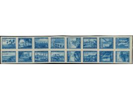 1945, Ansichten aus Slowenien 5 Cent - 30 Lire, Probedruck in blau, alle Wertstufen im 16er-Block als Zusammendruck auf dünne