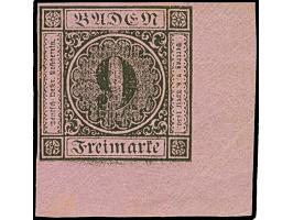 9 Kreuzer auf lilarosa, farbfrisch und allseits voll- bis breitrandige rechte untere Bogenecke, mit 8/9 mm breiten Bogenrände
