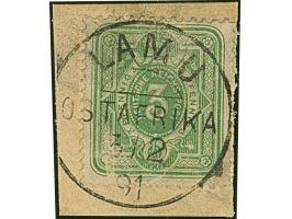 3 Pfg. gelblichgrün, farbfrisch mit klarem Stempel “LAMU OSTAFRIKA 3/2 91” auf kleinem Briefstück, durch Randklebung leichte 