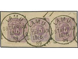 5 Pfg. violettpurpur, 3 Einzelwerte, davon einer mit Plattenfehler 'Querstrich im Kreuz der Krone tiefer stehend', mit jeweil