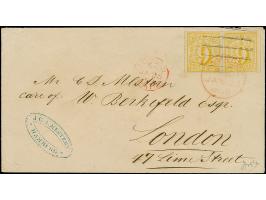 9 Sch. orangegelb, 2 Einzelwerte als Paar geklebt, beide sehr schön farbfrisch und allseits breitrandig, mit 'Duplex'-Entwert