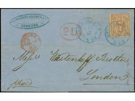 7 Sch. bräunlichlila, voll- bis breitrandig ungezähnt, mit sauber auf- und nebengesetztem blauen DKr. "HAMBURG ST. P. 11/10 6