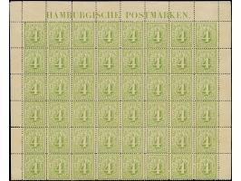 4 Sch. gelbgrün im 48er-Bogenteil, dreiseitig mit Bogenrändern, oben mit vollständiger Randinschrift "HAMBURGISCHE POSTMARKEN