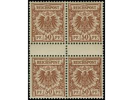 1889/1900, Krone/Adler, 3 - 50 Pfg. und 2 Pfg., je im Viererblock mit zwei senkrechten Zwischenstegpaaren, farbfrisch und gut