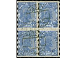 1912, Fürst Johann II. 5-25 H. mittelultramarin auf normalem Papier im kpl. Viererblock-Satz jeweils mit zwei klaren Stempeln