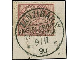 2 M. dunkelrotkarmin, farbfrisch und gut gezähnt mit zentrisch klarem "ZANZIBAR 9/II 90" auf Leinen-Briefstück. Ein besonders