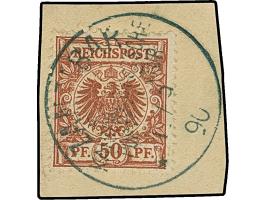 50 Pfg. lebhaftbraunrot, farbfrisch und gut gezähnt, mit sauber aufgesetztem "ZANZIBAR 1./9 90" auf Briefstück. Eine seltene 