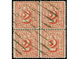 2 Sch. orangerot im 4er-Block, farbfrisch und gut gezähnt, sauber entwertet durch schwarzen Strichstempel. Unten rechts winzi