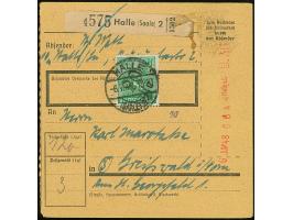 “20/Halle” auf Arbeiter 84 Pfg. mit Stempel “HALLE 6.7.48” auf Paketkart mit Anker-Paket-Postfreistempel “6.JUL.48…Halle a.S.