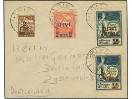 2 rubel with red-orange overprint with additional franking, tied by cds. "RIGA 20 1 21" to cover addressed to Berlin, fine