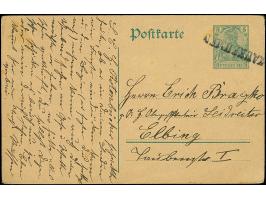 “KAUKEHMEN”, sauberer L1 auf Ganzsachenkarte Germania 5 Pfennig nach Elbing, winzig fleckig, sonst tadellos. Guter Abschlag d