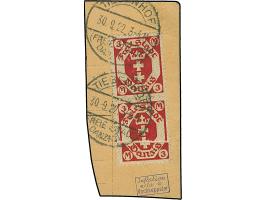 1922, Staatswappen 3 Mark lilarot, senkrechtes Paar, die untere Marke auf geklebter Papierbahn, sauber mit Stempel “TIEGENHOF