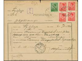 1940, König Peter II. 1,50 Dinar rot, zwei senkrechte Paare, in Mischfrankatur mit 1. Aufdruckausgabe 1 Dinar grün, sauber mi