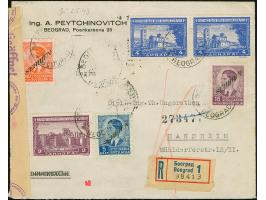 1941, König Peter II. 16 und 5 sowie 0,50 Dinar mit Zufrankatur mit Stempel “BEOGRAD 21.IV.43” auf R-Brief mit Zensurstreifen